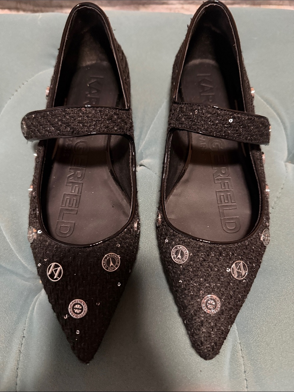 Karl Lagerfeld Black Embellished Pointed Mary Jane Flats